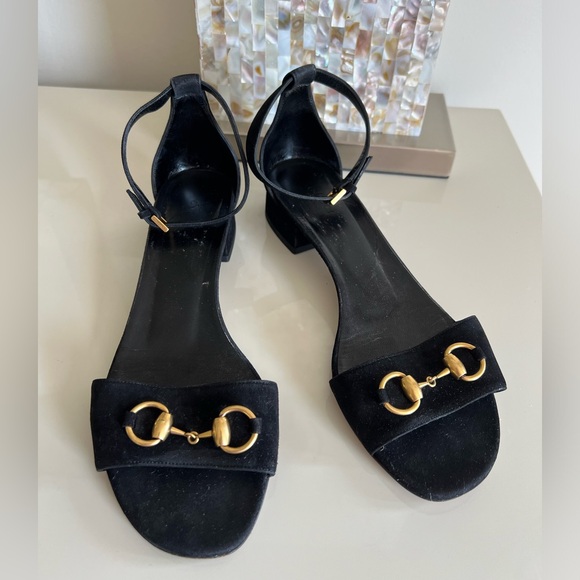 Gucci Shoes Flats Sandals Size 39.5 (US 9.5) Black Suede Leather with Gold Logo - Picture 3 of 15